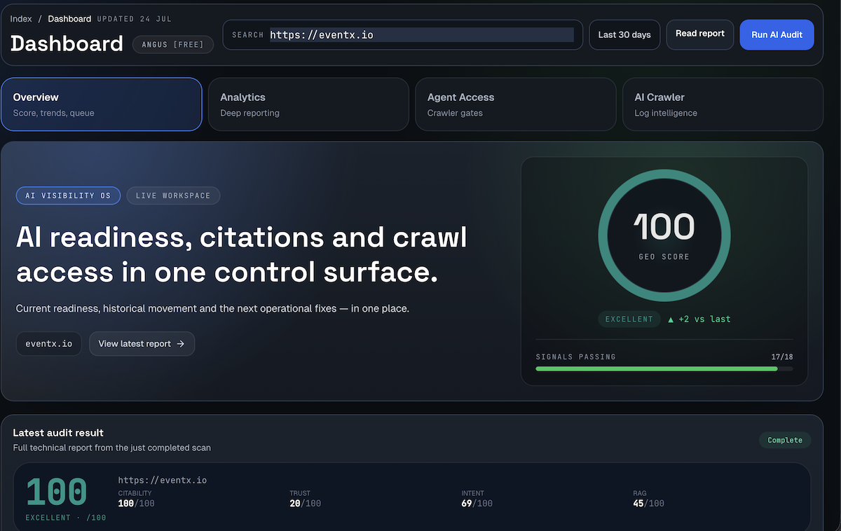 EventX GEO Ready score 100/100 on geoready.dev